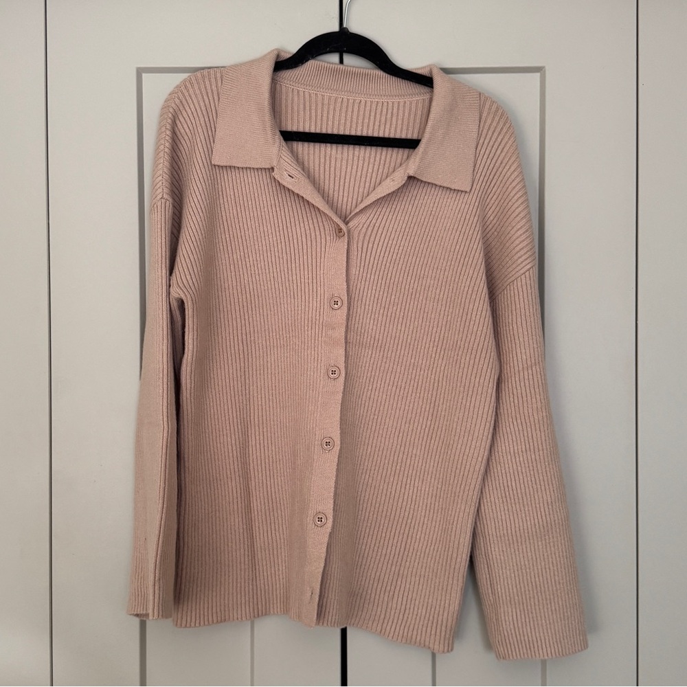 Cream Ribbed Button-Up Cardigan | Collared Knit Sweater | Women’s XL